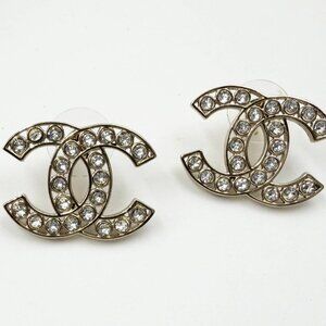 Chanel Classic Gold CC Frame Round Crystal Large Piercing Earrings